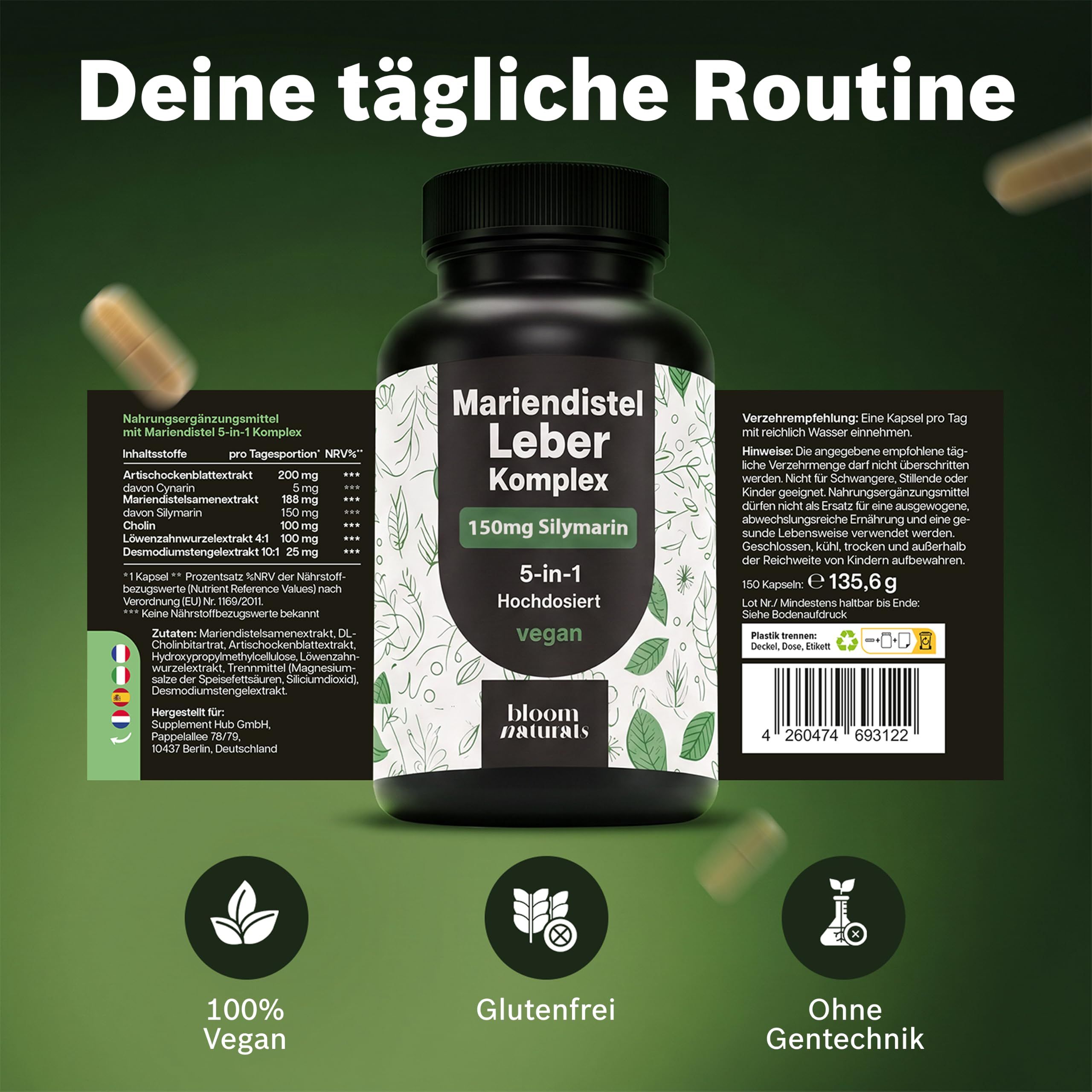 Bloom Naturals Leber Komplex Kapselbehälter mit detailliertem Etikett und veganen Siegeln.