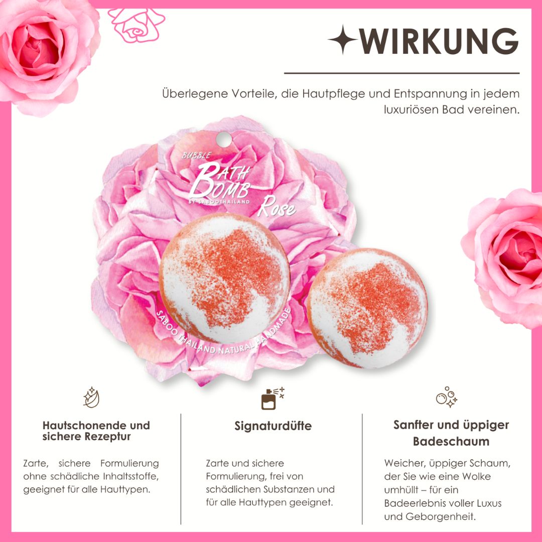Zwei Bad Bomben Rose, rot-weiß, mit Blüten-Dekoration. Text: Wirkung, Hautschonend, Signaturdüfte, Badeschaum.