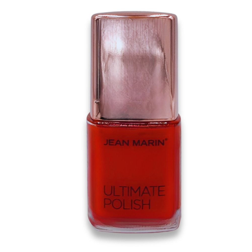 Rote Jean Marin Ultimate Polish Nagellackflasche mit roségoldfarbenem Deckel. Quadratische Form.