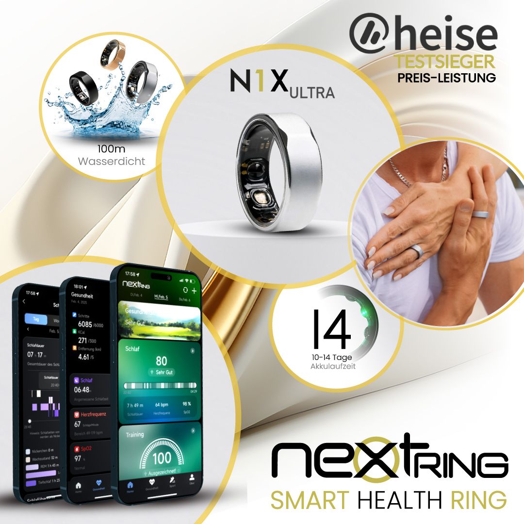 Werbebild mit NEXTRING N1X ULTRA. Ring, Smartphones mit App-Ansichten, Text: Smart Health Ring, 100m wasserdicht, 14 Tage Akkulaufzeit.