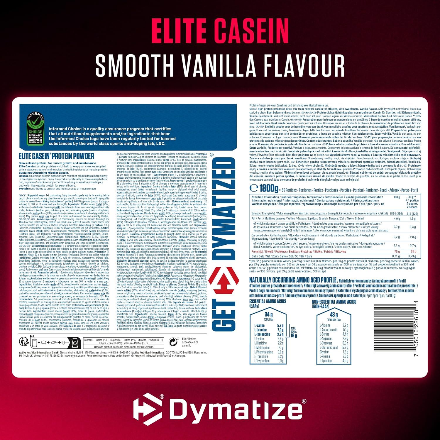 Rückseite der Dymatize Elite Casein Verpackung mit Nährwertangaben und Zertifizierungen.