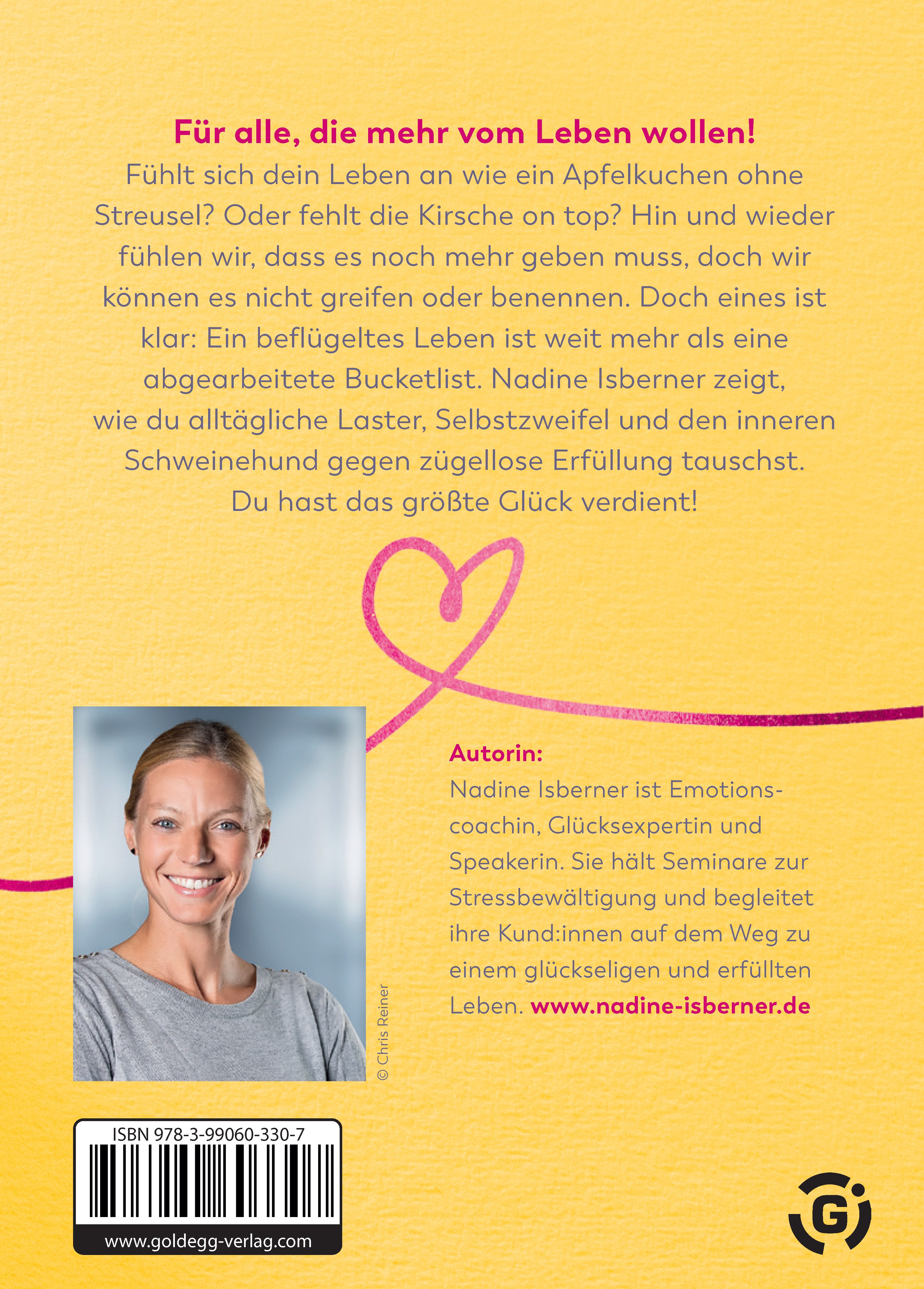 Buchrückseite mit Text und Foto von Nadine Isberner. Barcode unten. Logo des Verlags.