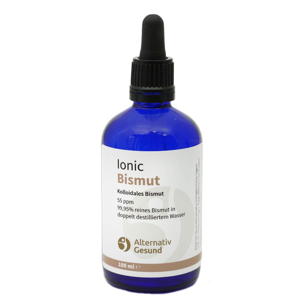 Blaue Glasflasche mit schwarzem Tropfer. Aufschrift: Ionic Bismut, Kolloidales Bismut, 55 ppm, Alternativ Gesund. 100 ml.