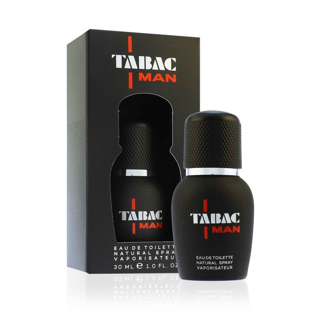 Schwarze Flasche und Schachtel. Aufschrift: TABAC MAN. Eau de Toilette Natural Spray. 30 ml.