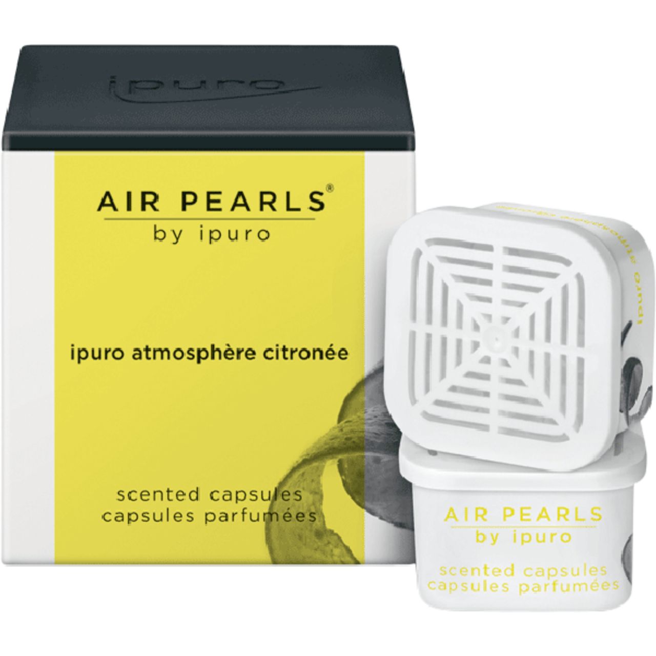 Weiße, quadratische Kapseln mit Gitter. Gelbe Verpackung mit Schriftzug "AIR PEARLS by ipuro".