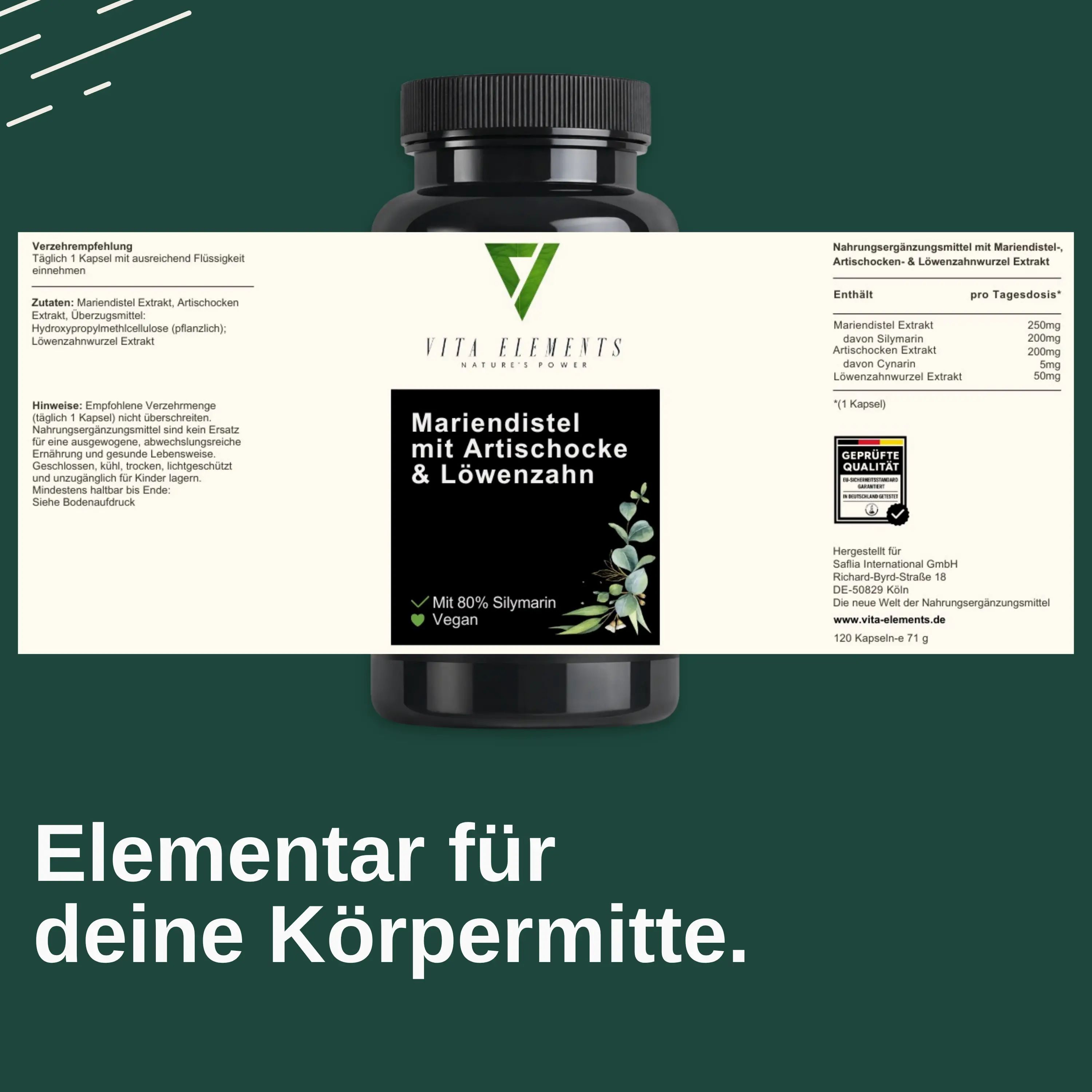 Etikett der Vita Elements Mariendistel Dose mit Inhaltsstoffen und Siegeln. "Elementar für deine Körpermitte."