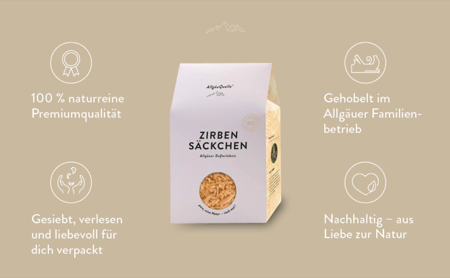 AllgäuQuelle Bio Zirben-Säckchen mit 100% Bio-Zirbenspäne. Natürliches Duftkissen Duftsäckchen