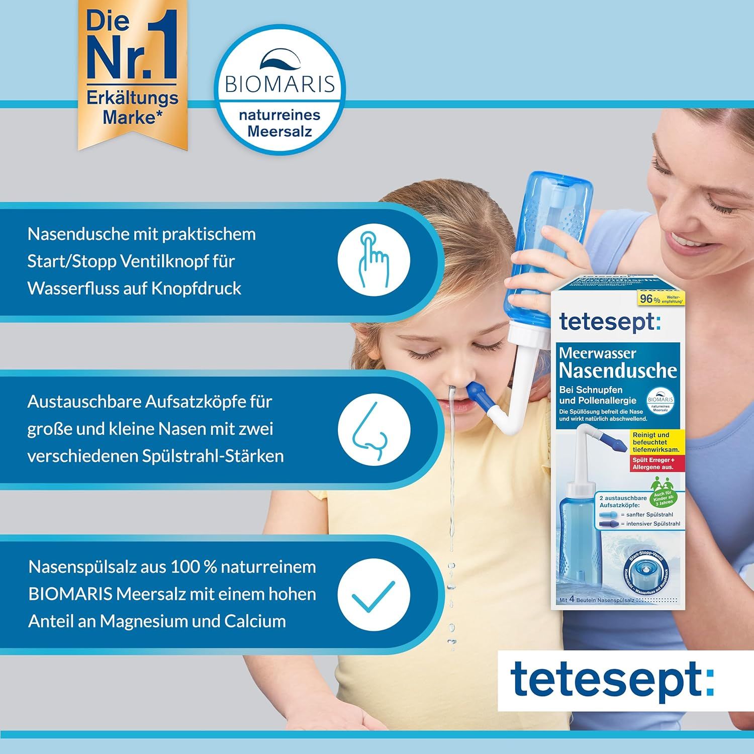 Nasendusche mit blauem Behälter, Aufsatz und Verpackung. Text: tetesept Meerwasser Nasendusche. Kind und Frau.