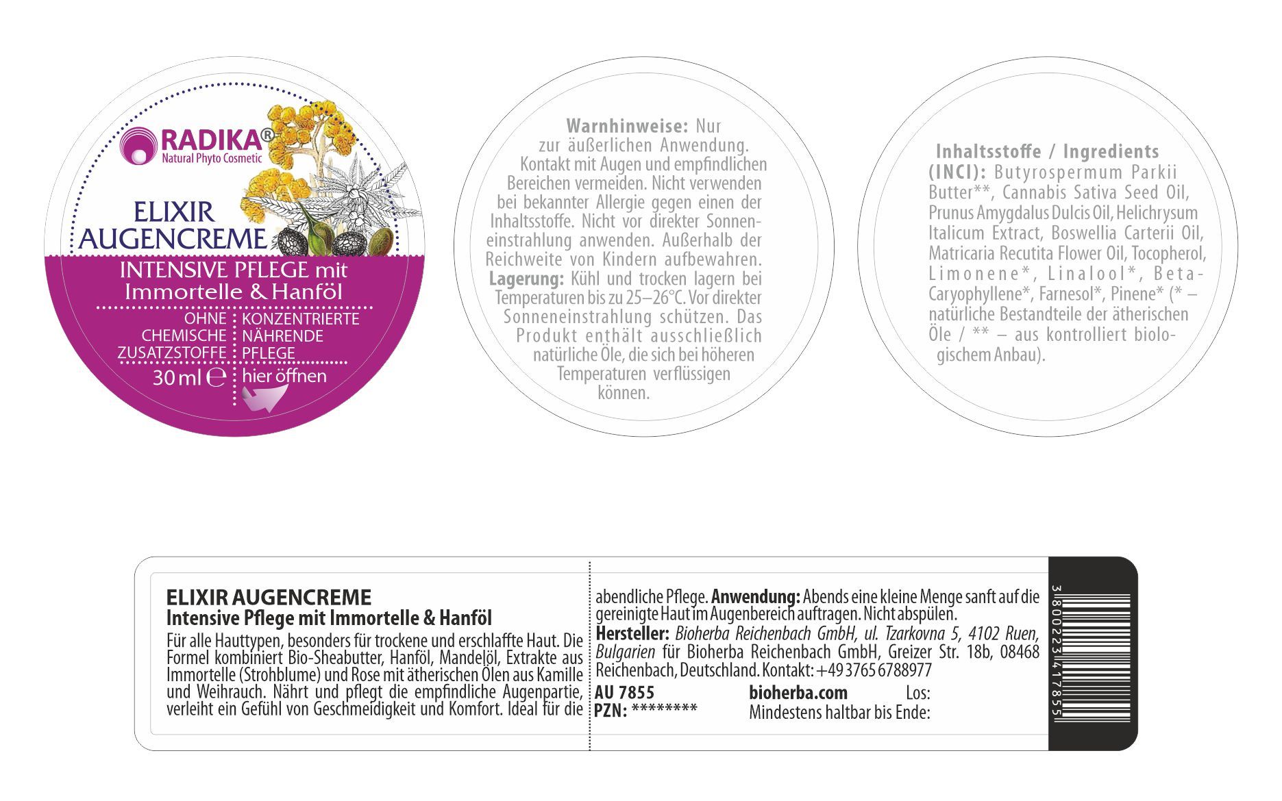Drei Etiketten. Rundes Etikett mit Produktname und Inhaltsstoffen. Rechteckiges Etikett mit Produktinformationen.