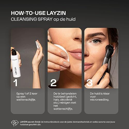 Drie afbeeldingen tonen gebruiksstappen. Tekst: HOW-TO-USE LAYZIN CLEANSING SPRAY. Vrouw met watje en dermaroller.