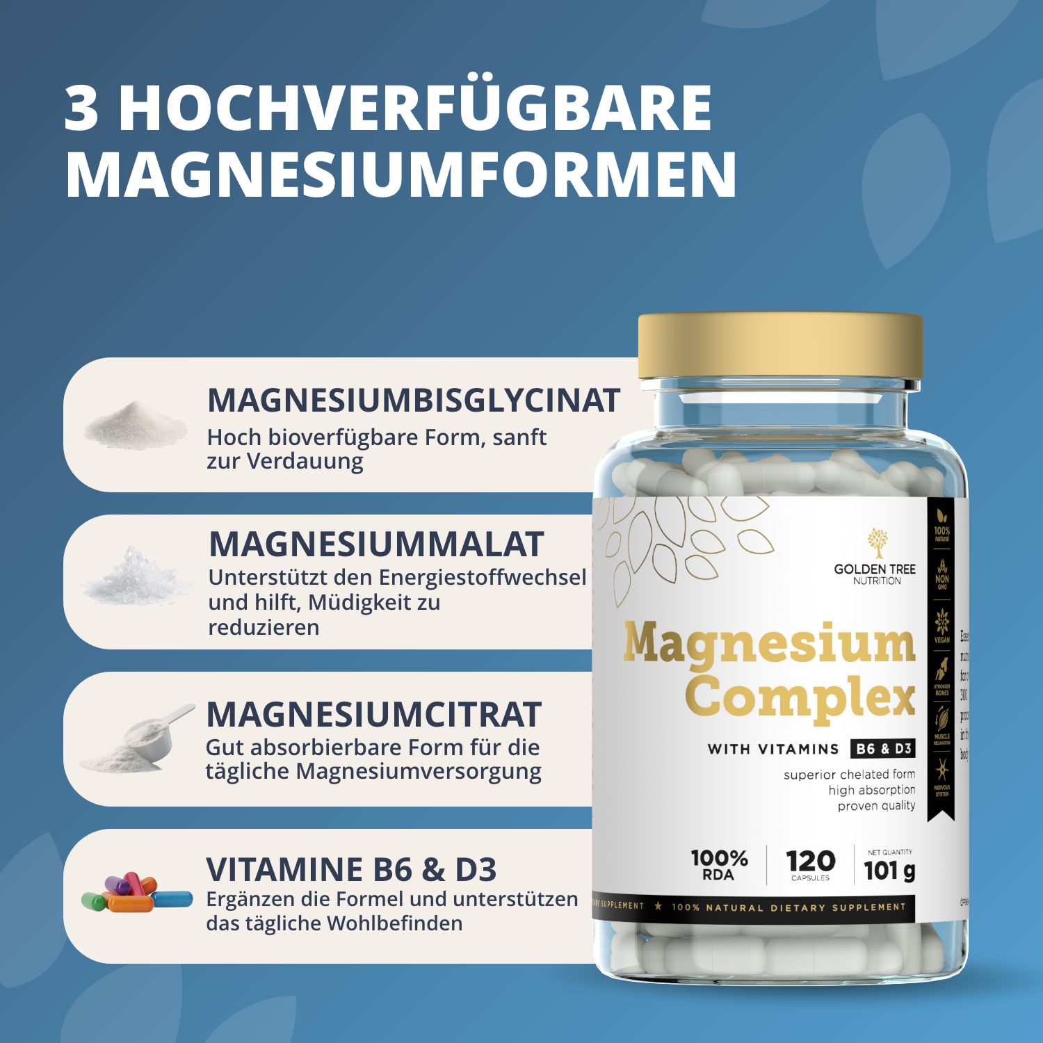 Flasche Golden Tree Magnesium Complex mit 3 Magnesiumformen und Vitaminen B6 & D3.