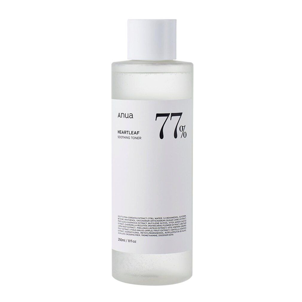 Anua Heartleaf 77% Soothing Toner Flasche mit Spritzern.