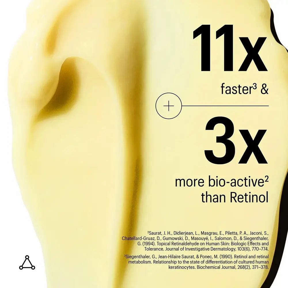 Gelbe Creme mit Text. 11x schneller & 3x bioaktiver als Retinol. Zitate von Studien.