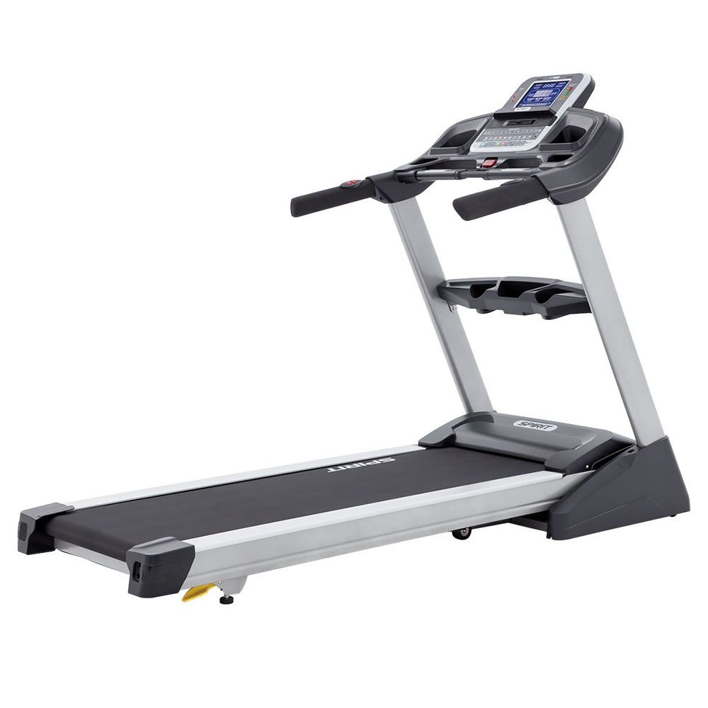 Laufband mit grauen und schwarzen Elementen. Konsole mit Display. Griffe und Ablageflächen. Marke Spirit.