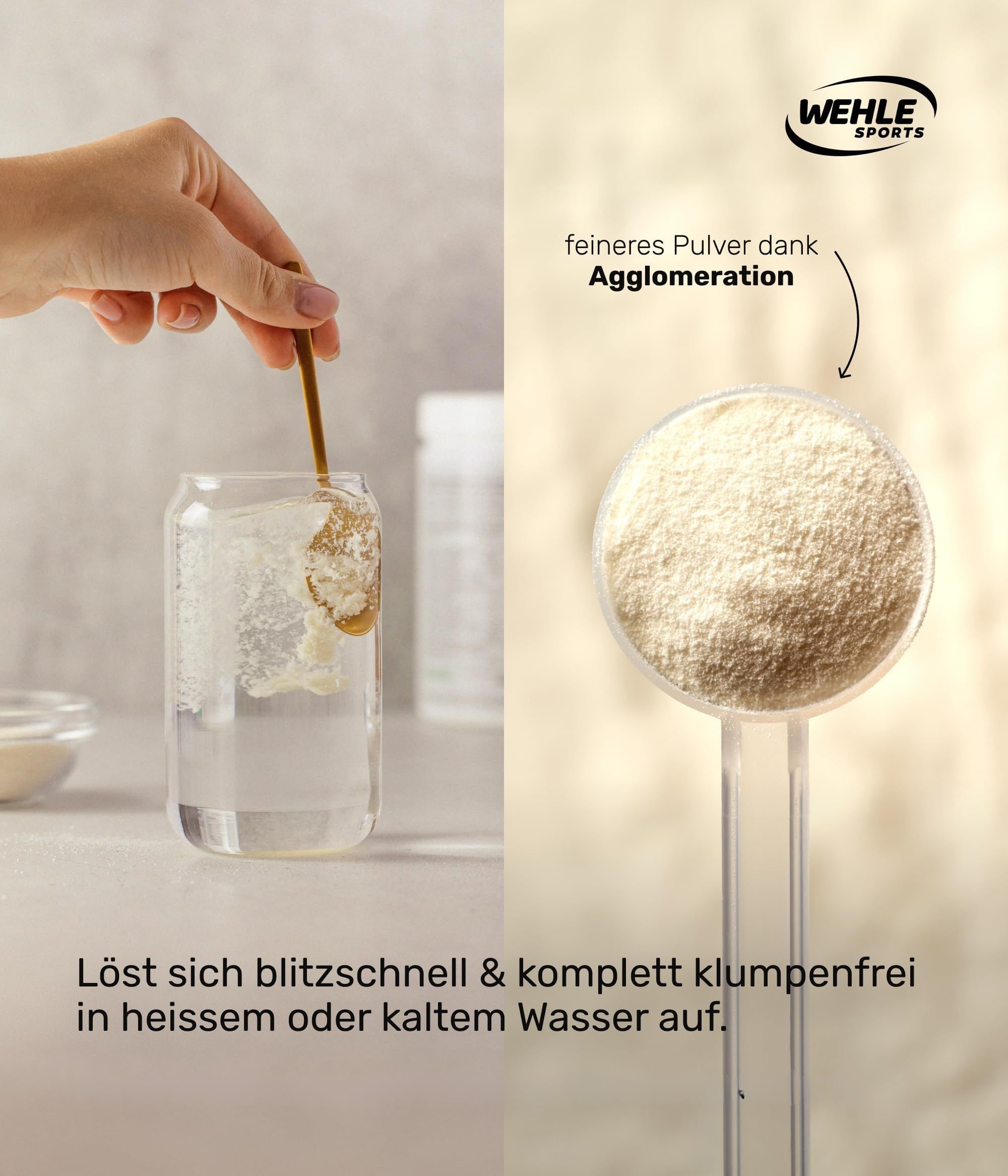 Zwei Gläser mit Flüssigkeit. Rechts: Löffel mit Pulver. Text: Löst sich blitzschnell & komplett klumpenfrei.