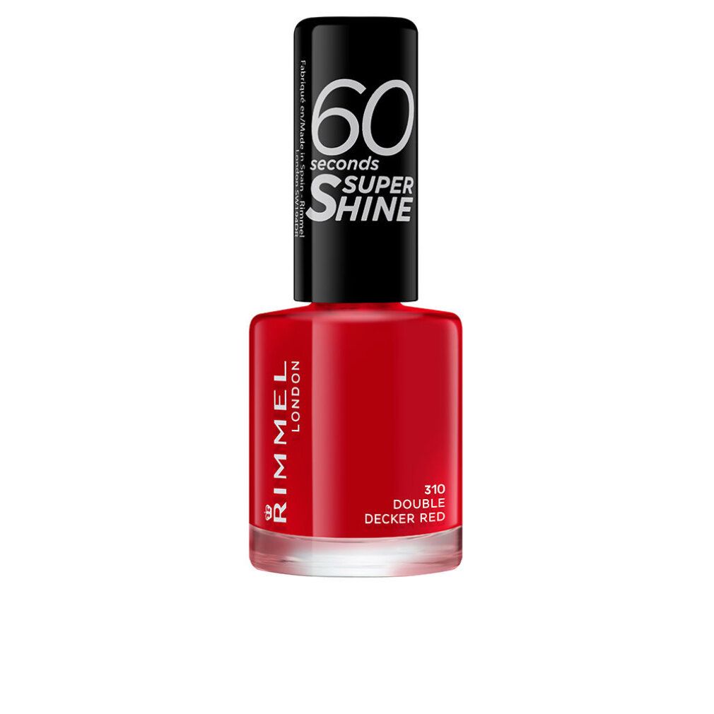 Roter Nagellack von Rimmel London. Schwarzer Deckel mit weißer Schrift. Produktname und Farbtonbezeichnung sichtbar.