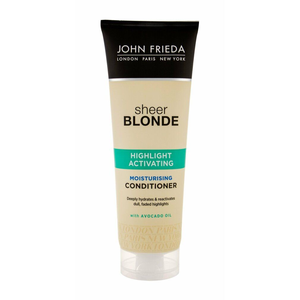 John Frieda Sheer Blonde Conditioner. Tube mit schwarzem Deckel und hellgelbem Körper. Text: Sheer Blonde, Highlight Activating, Moisturising Conditioner.