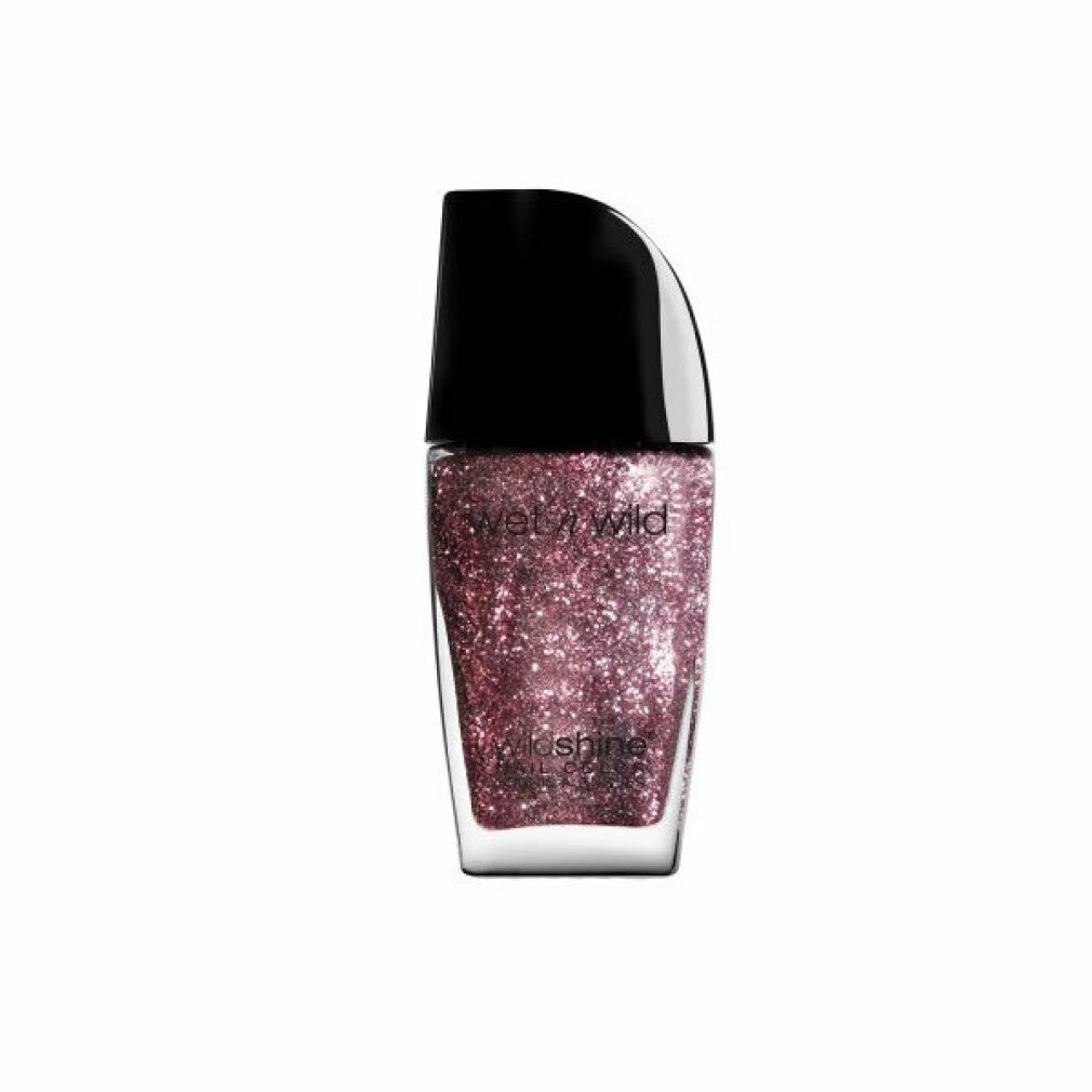 Nagellackflasche mit rosa Glitzer. Schwarzer Deckel. Schriftzug: Wet n Wild Wild Shine.