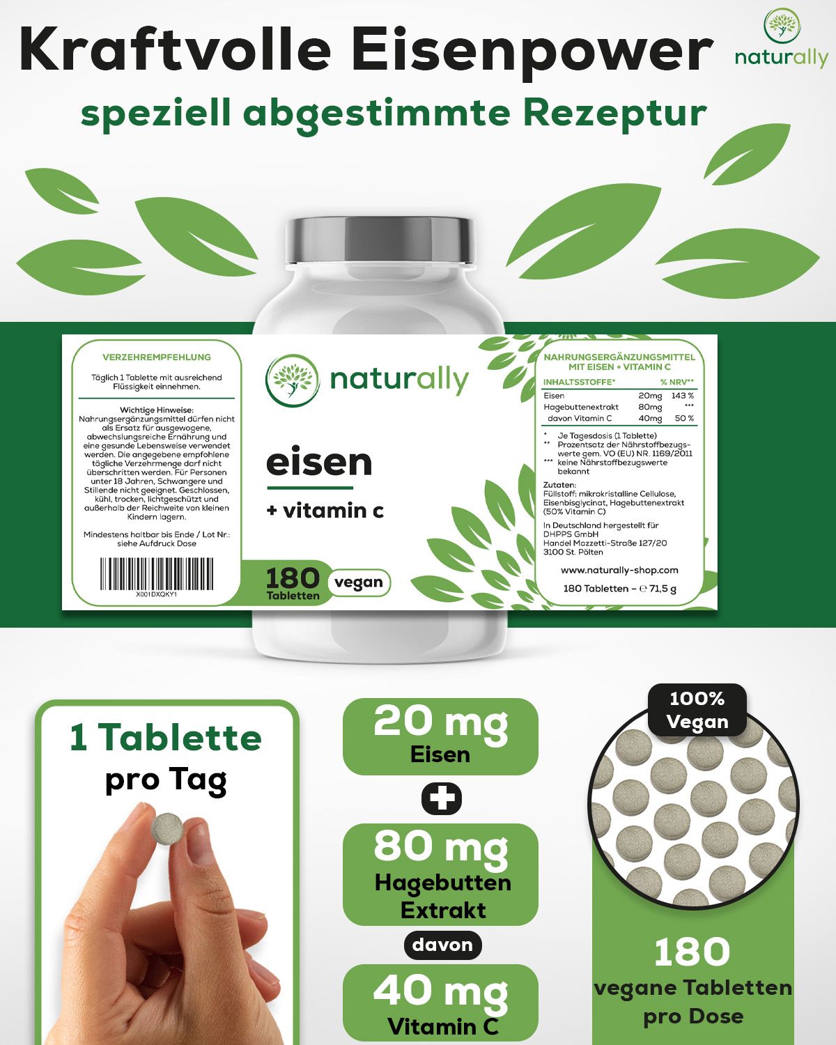 Produktabbildung mit Flasche, Tabletten, Inhaltsangaben. Text: Eisenpower, 20mg Eisen, 40mg Vitamin C, 180 vegane Tabletten.