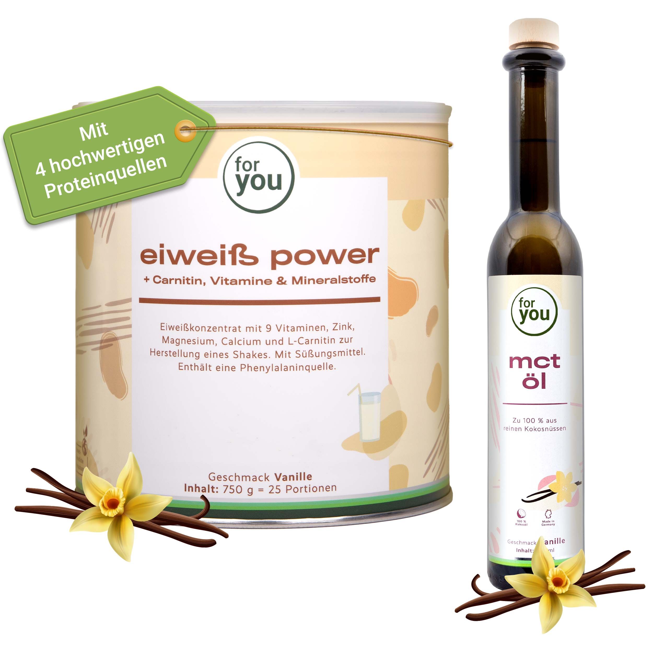 Dose 'for you Eiweiß Power' und Flasche 'mct Öl' mit Vanilleblüten. Text: 4 hochwertige Proteinquellen, Geschmack Vanille.