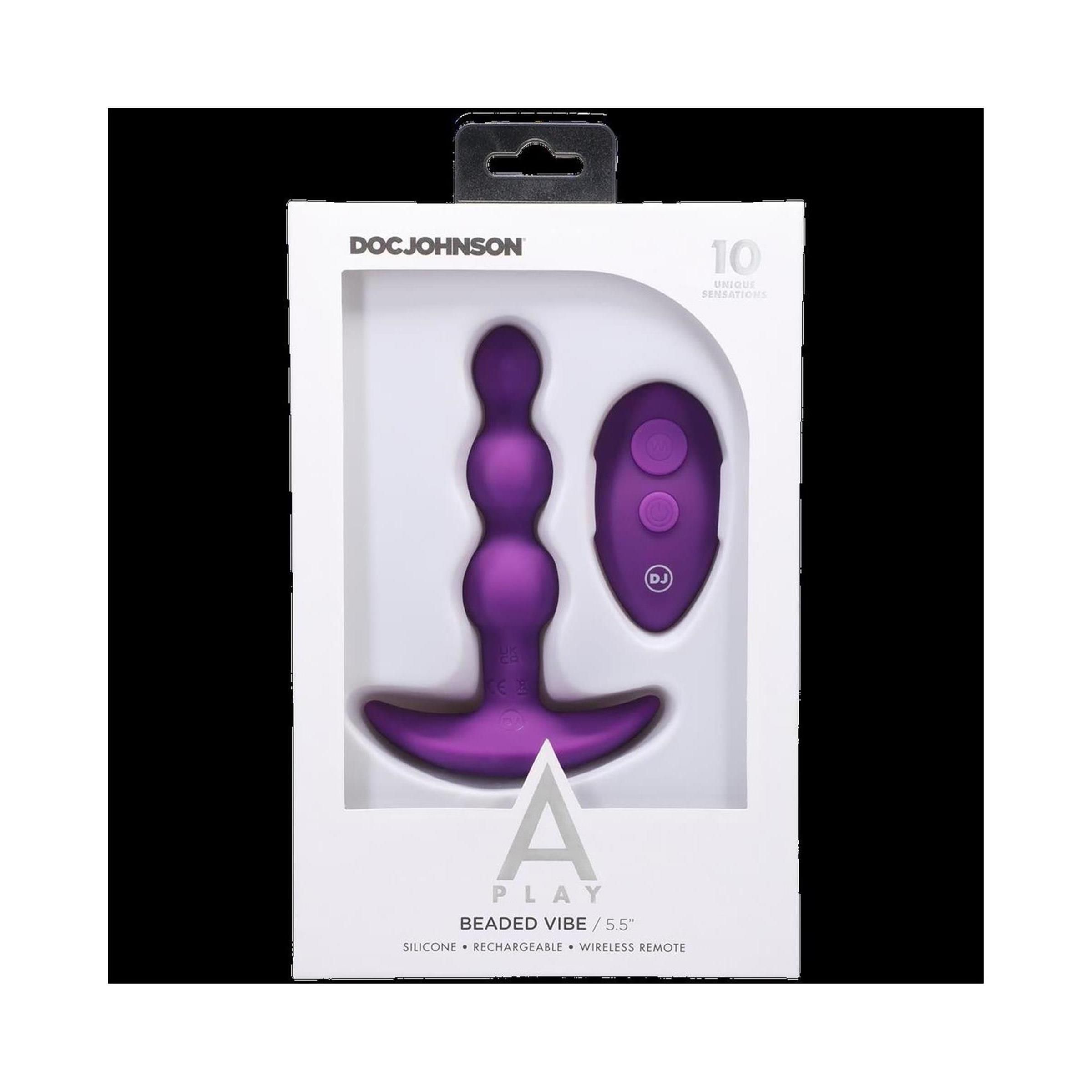 Verpackung mit lila Analplug und Fernbedienung. Marke: Doc Johnson. Produktname: Beaded Vibe.