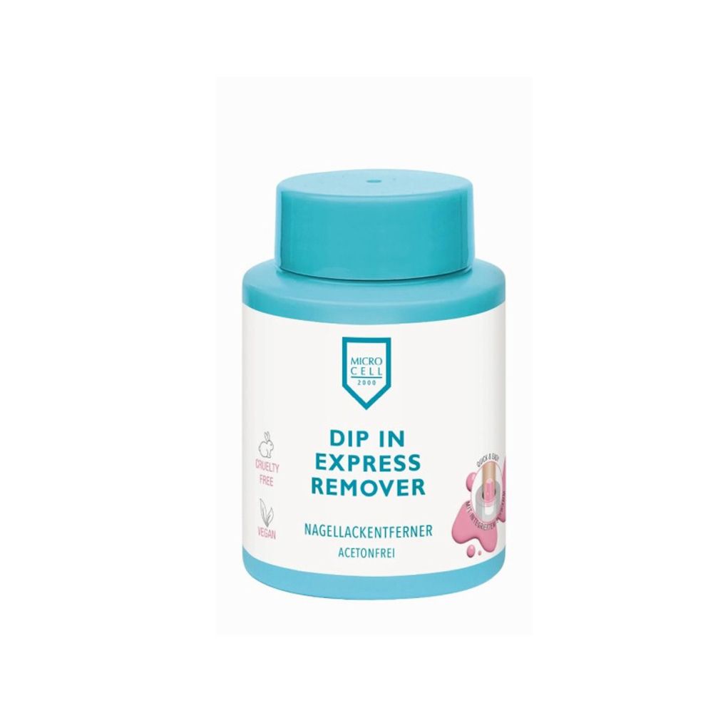 Zylindrische Flasche mit blauem Deckel. Aufschrift: DIP IN EXPRESS REMOVER, Nagellackentferner, acetonfrei. Logo: Micro Cell.