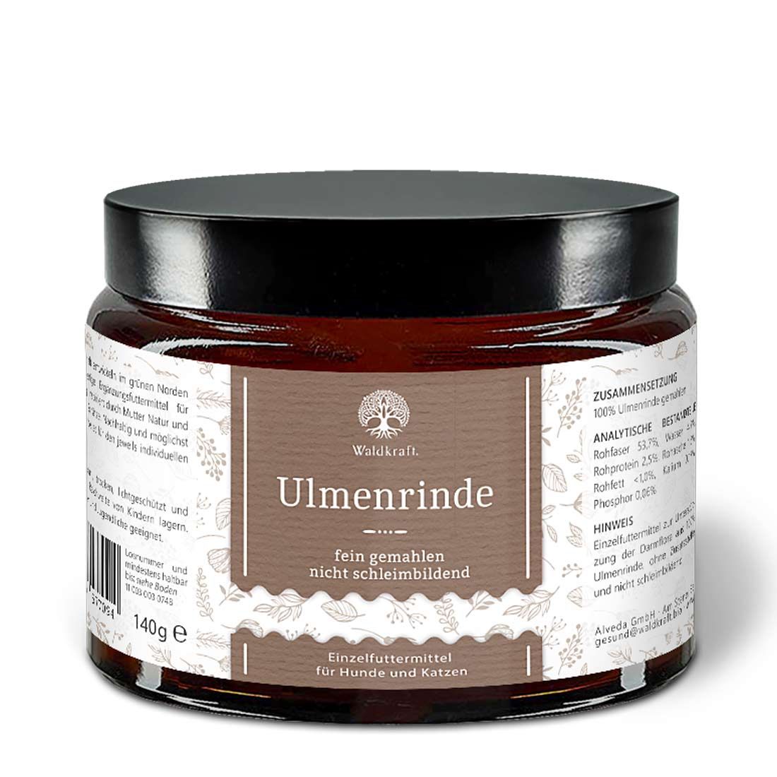 Braunes Glas mit schwarzem Deckel. Auf dem Etikett steht "Ulmenrinde", "fein gemahlen" und "für Hunde und Katzen".