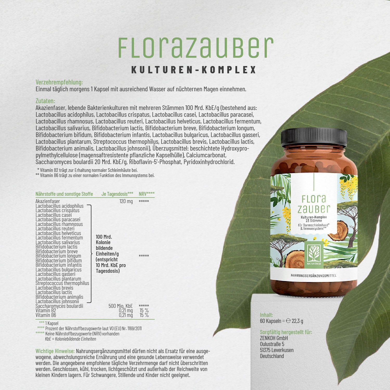 Produkt "Florazauber" in einer braunen Flasche. Enthält 60 Kapseln. Mit Inhaltsstoffen und Nährwertangaben auf dem Etikett.
