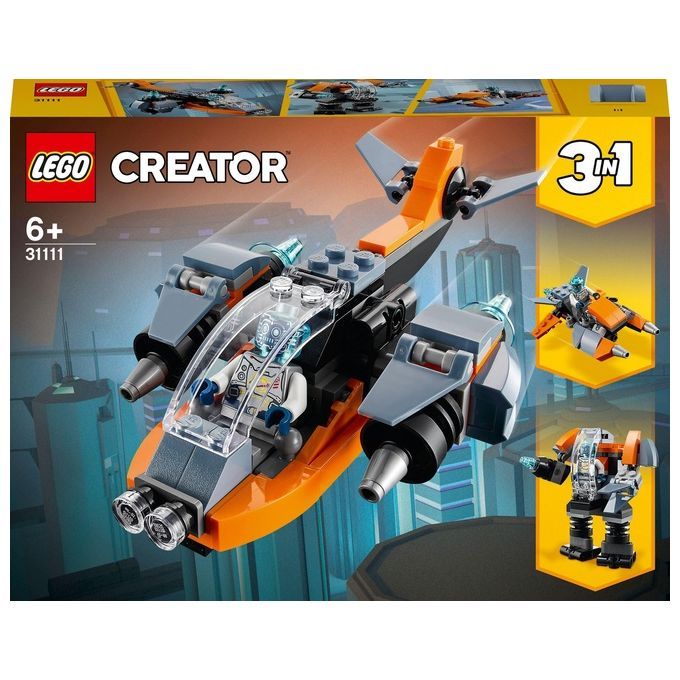 LEGO Creator Cyber-Drone. La confezione mostra un modello di aereo arancione e grigio con cabina di pilotaggio trasparente. Il set è per bambini dai 6 anni in su e offre modelli 3 in 1. Sulla confezione sono raffigurati anche un robot e un aereo più piccolo.