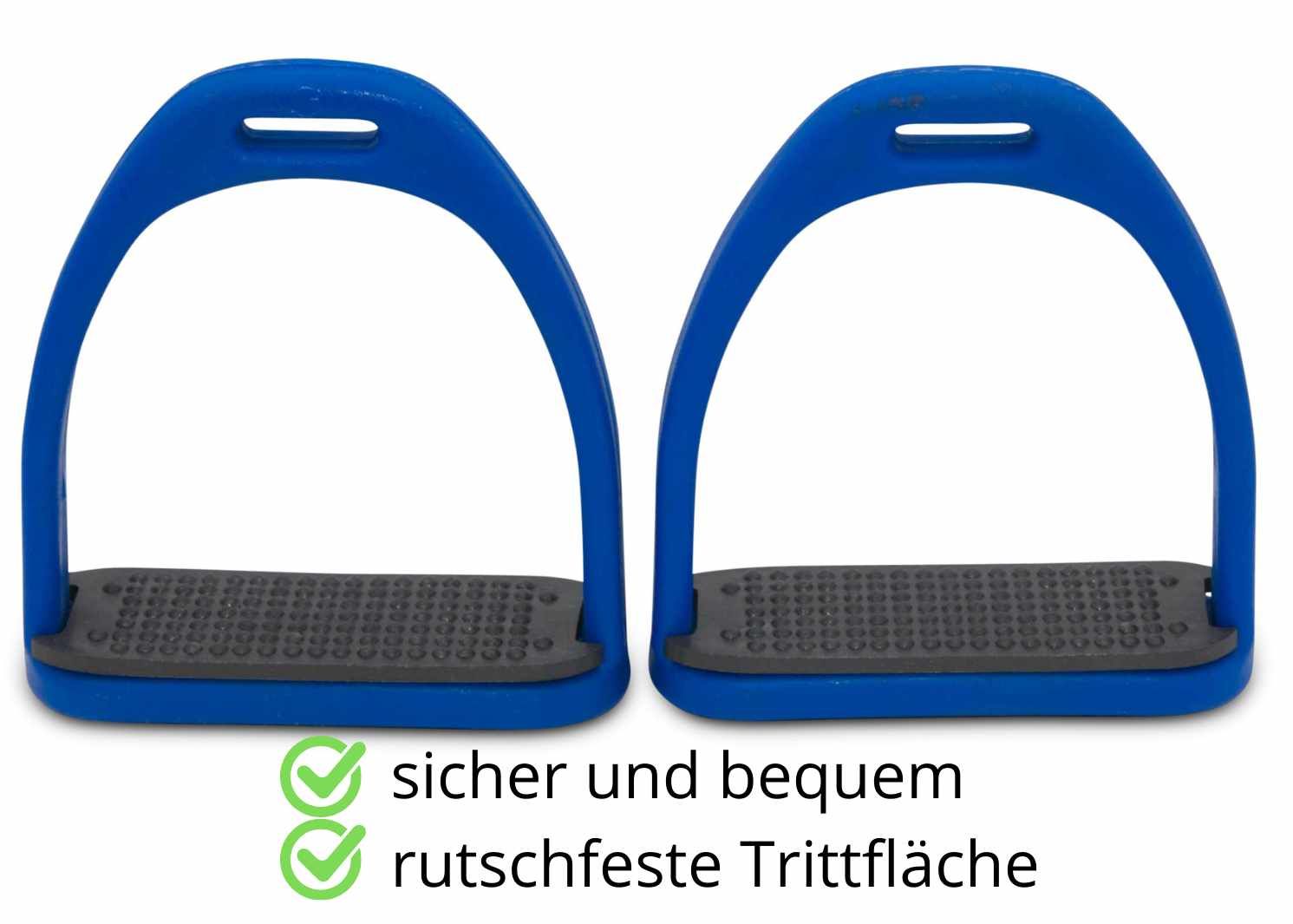 Zwei blaue Steigbügel mit schwarzen Trittflächen. Text: sicher und bequem, rutschfeste Trittfläche.