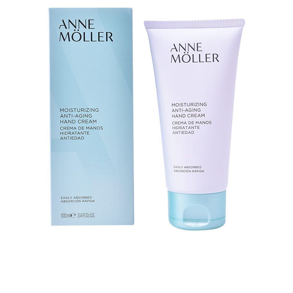 Tubo di crema e scatola. Scritta: ANNE MÖLLER, Moisturizing Anti-Aging Hand Cream. Scatola: 100ml.