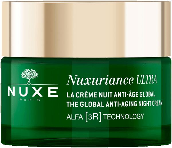 Grüne Creme-Dose mit goldenem Deckel. Aufschrift: NUXE, Nuxuriance ULTRA, Anti-Aging Nachtcreme.