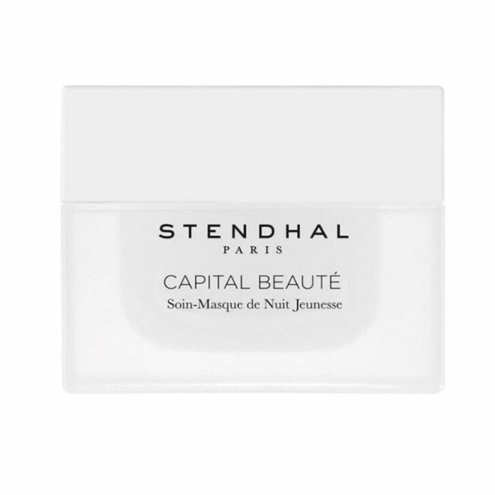 Weißer Tiegel mit Deckel. Aufschrift: STENDHAL PARIS, CAPITAL BEAUTÉ, Soin-Masque de Nuit Jeunesse.