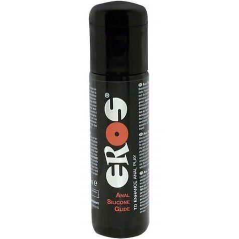 Schwarze Flasche mit schwarzem Deckel. Aufschrift: EROS, Anal Silicone Glide. Text: To enhance anal play.