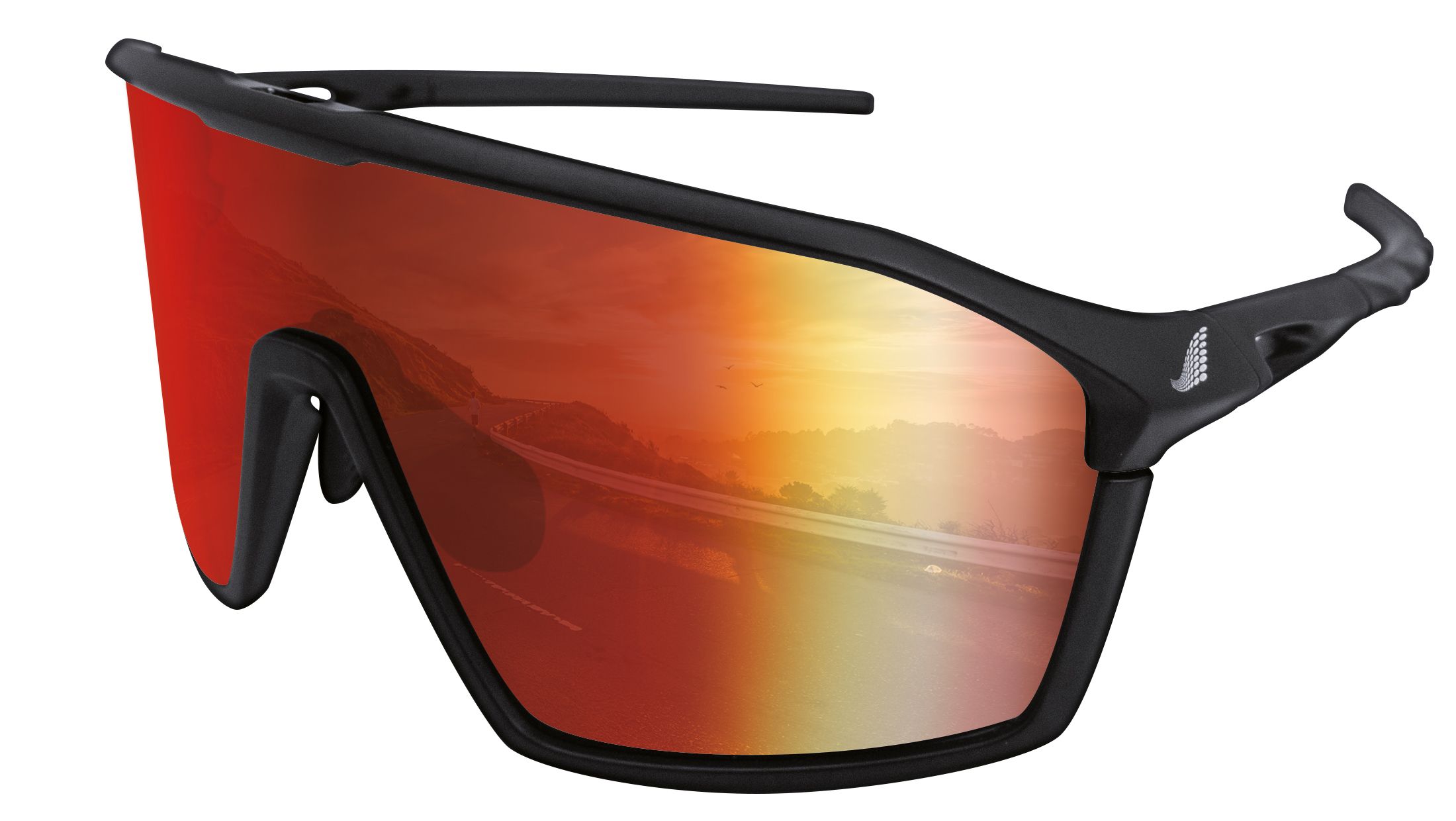 Schwarze Sportbrille mit verspiegeltem Shield-Glas, das eine Landschaft reflektiert. Schwarzer Rahmen.
