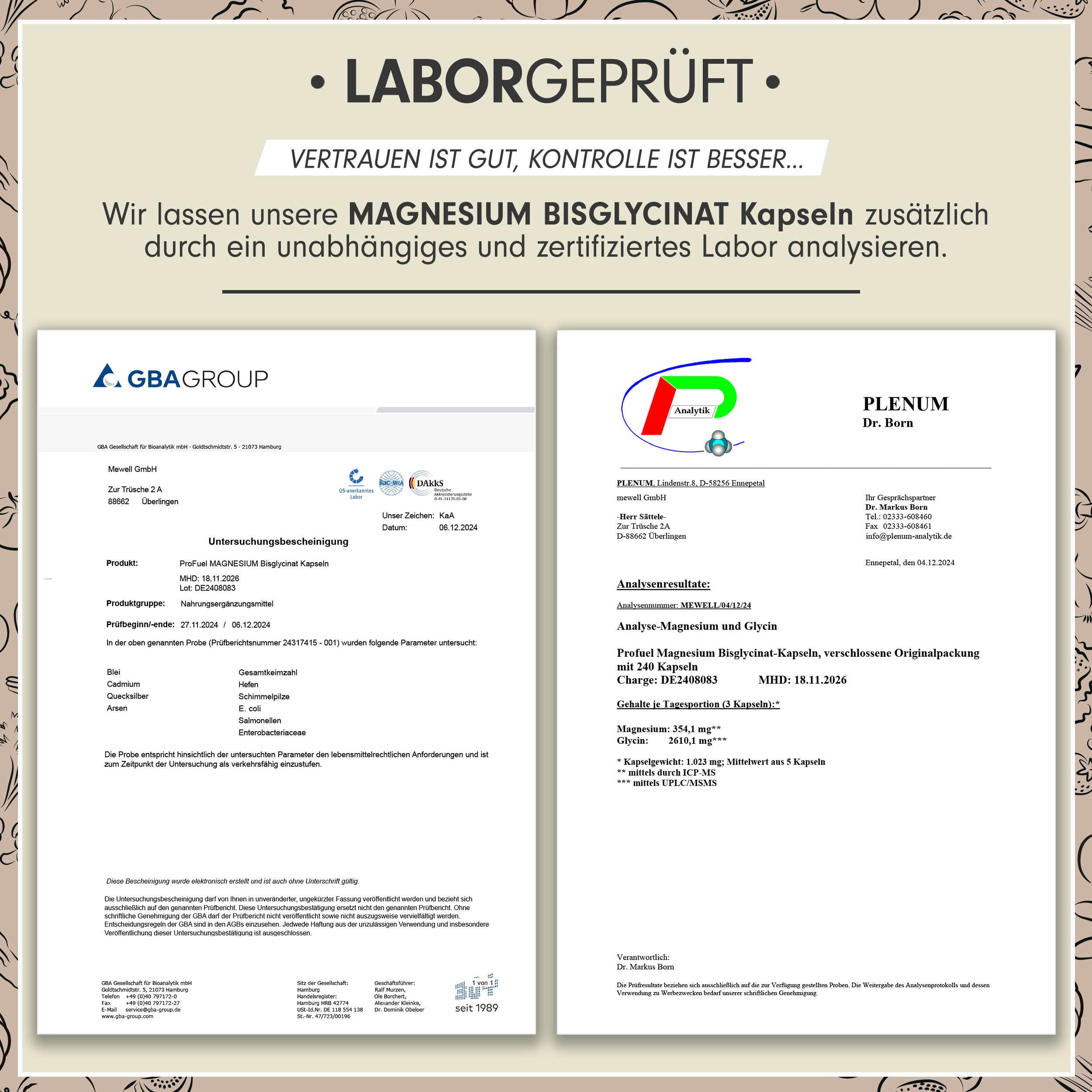 Zwei Laborzertifikate. Text: Magnesium Bisglycinat Kapseln. GBA Group und Plenum Dr. Born. Informationen zu Analyseergebnissen.