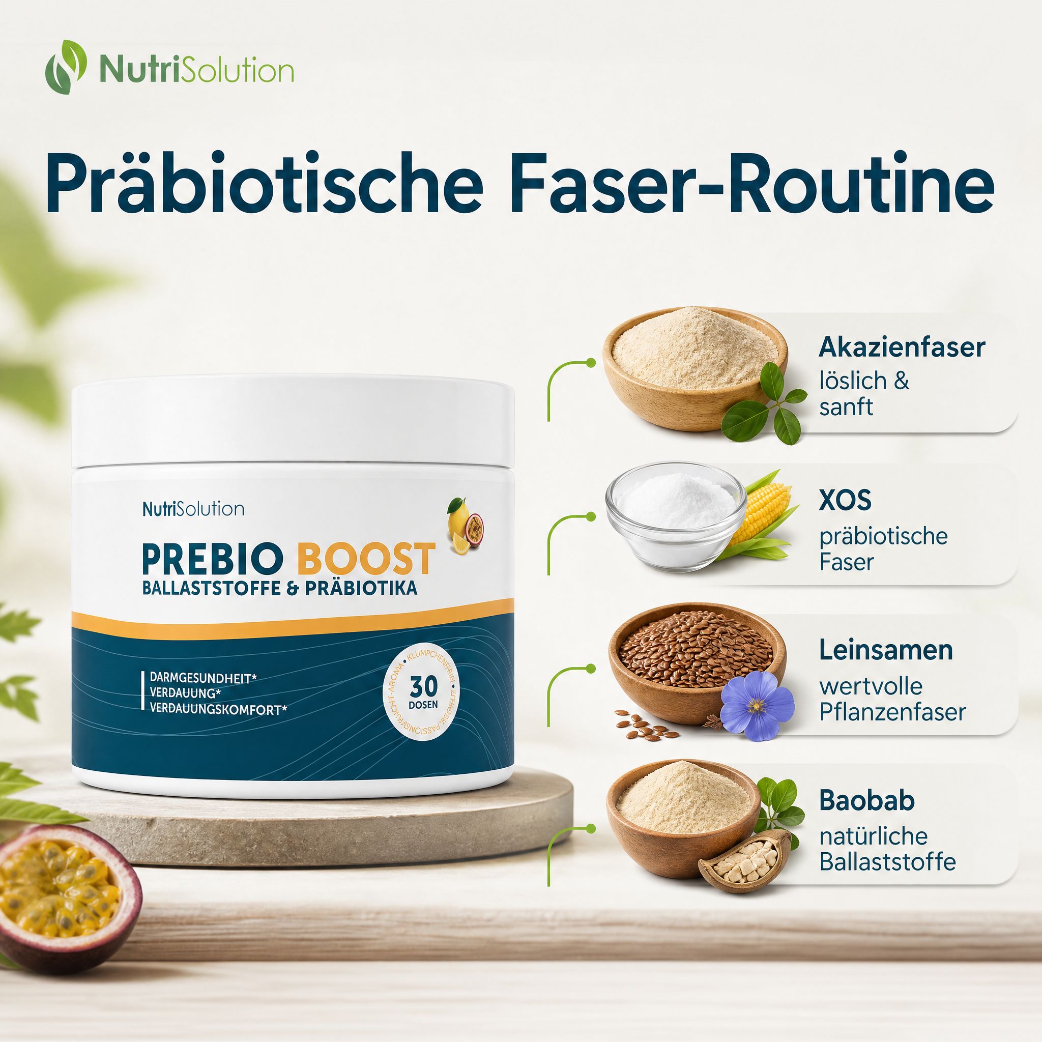 NutriSolution Prebio Boost Dose mit Zutaten: Akazienfaser, XOS, Leinsamen, Baobab.