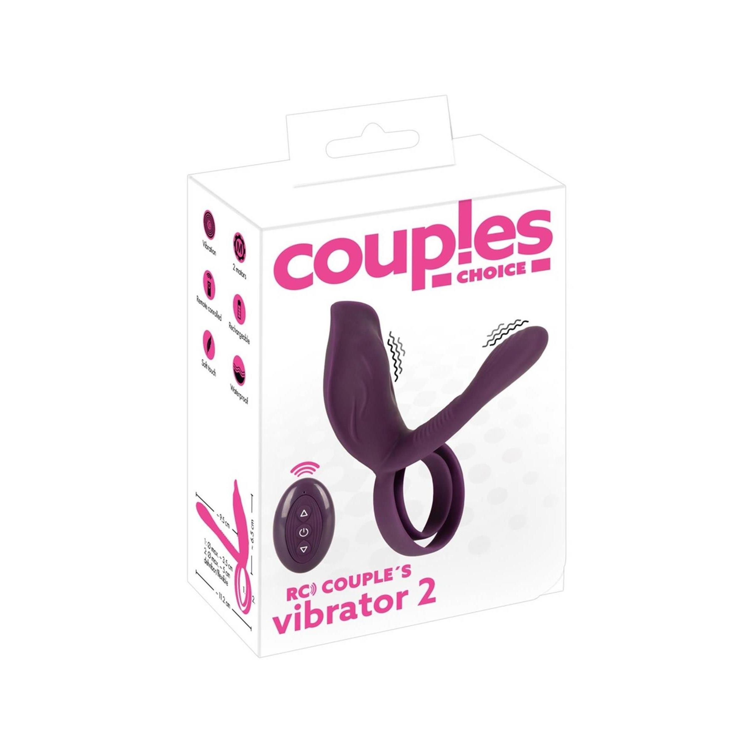 Lila Vibrator mit Ring und Fernbedienung. Auf der Verpackung steht "Couples Choice".