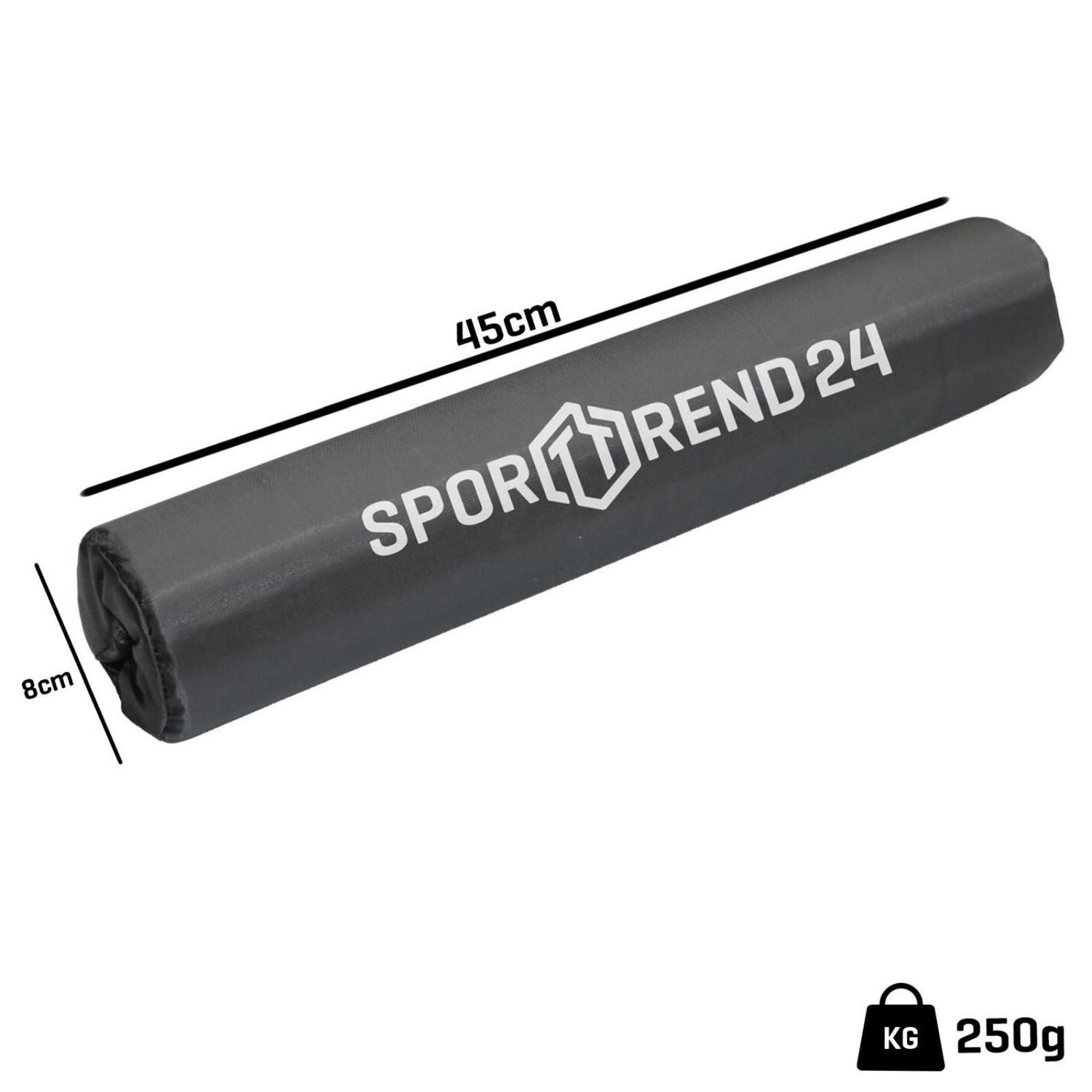 Schwarzes Nackenpolster für Langhantelstangen. Maße: 45cm lang, 8cm breit. Gewicht: 250g. "SPORTTREND 24" Logo.