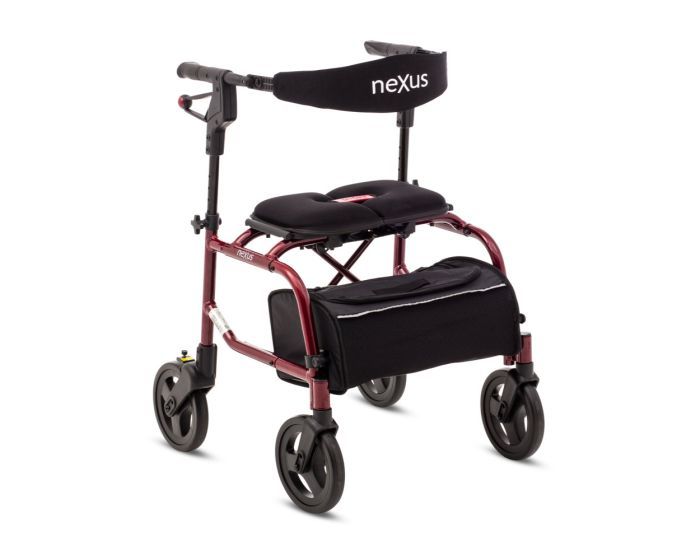 Rollator Russka Leichtgewichtrollator NeXus ROT, burgunderrot, mit schwarzem Sitz und Tasche. Nexus-Schriftzug auf Rückenlehne.
