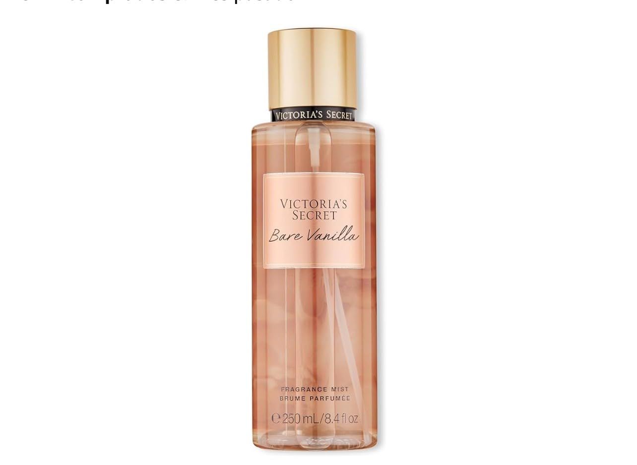 Victoria's Secret Bare Vanilla Duftspray. Transparente Flasche mit goldfarbenem Deckel und Etikett.
