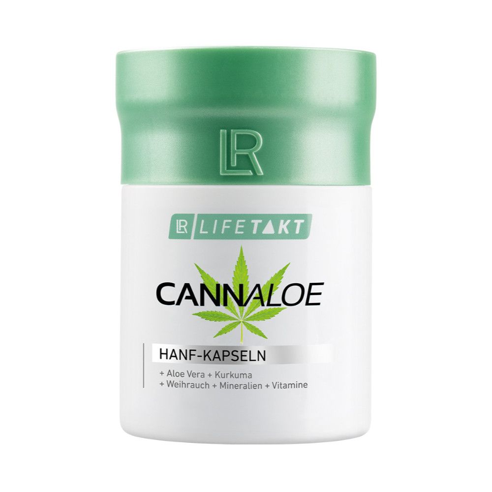 Weiß-grüne Dose mit Aufschrift CANNALOE und Hanfblatt. Darunter HANF-KAPSELN und Inhaltsstoffe. LR LifeTakt Logo.
