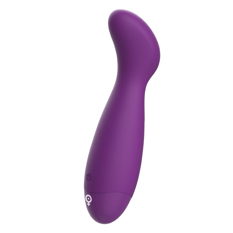 Lila Vibrator mit geschwungener Form. Auf der Unterseite befinden sich ein Knopf und ein weibliches Symbol.