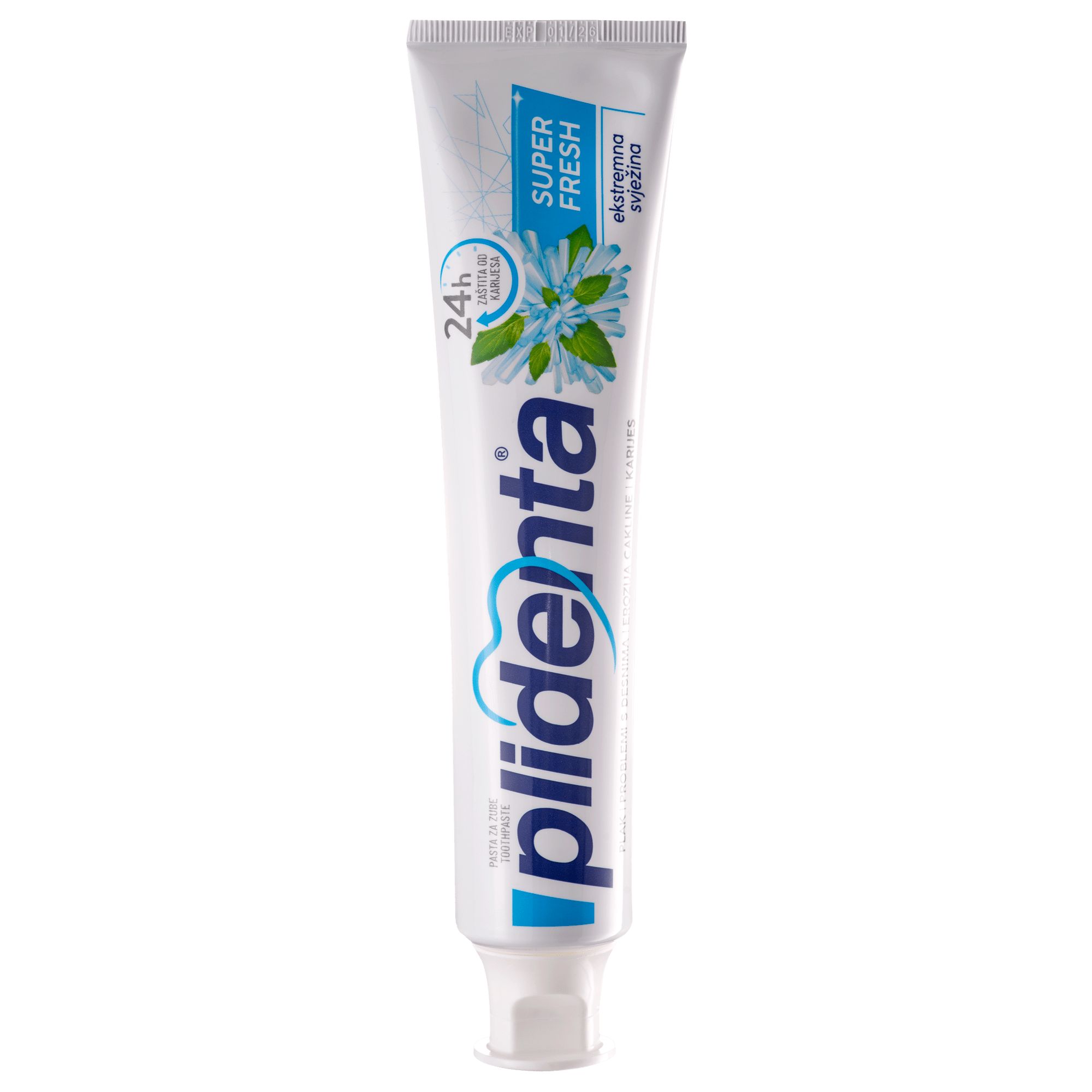 Zahncreme-Tube Plidenta Super Fresh. Aufschrift: 24h, Super Fresh.