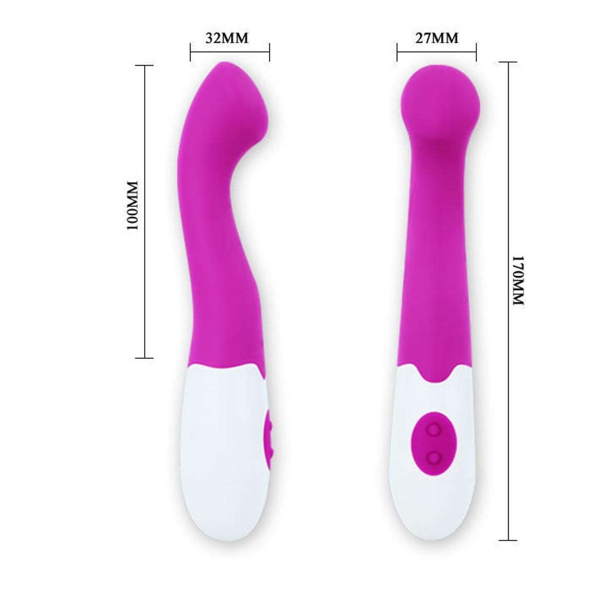 Zwei Vibratoren, pink und weiß, mit Maßangaben. Gebogene und zylindrische Form.