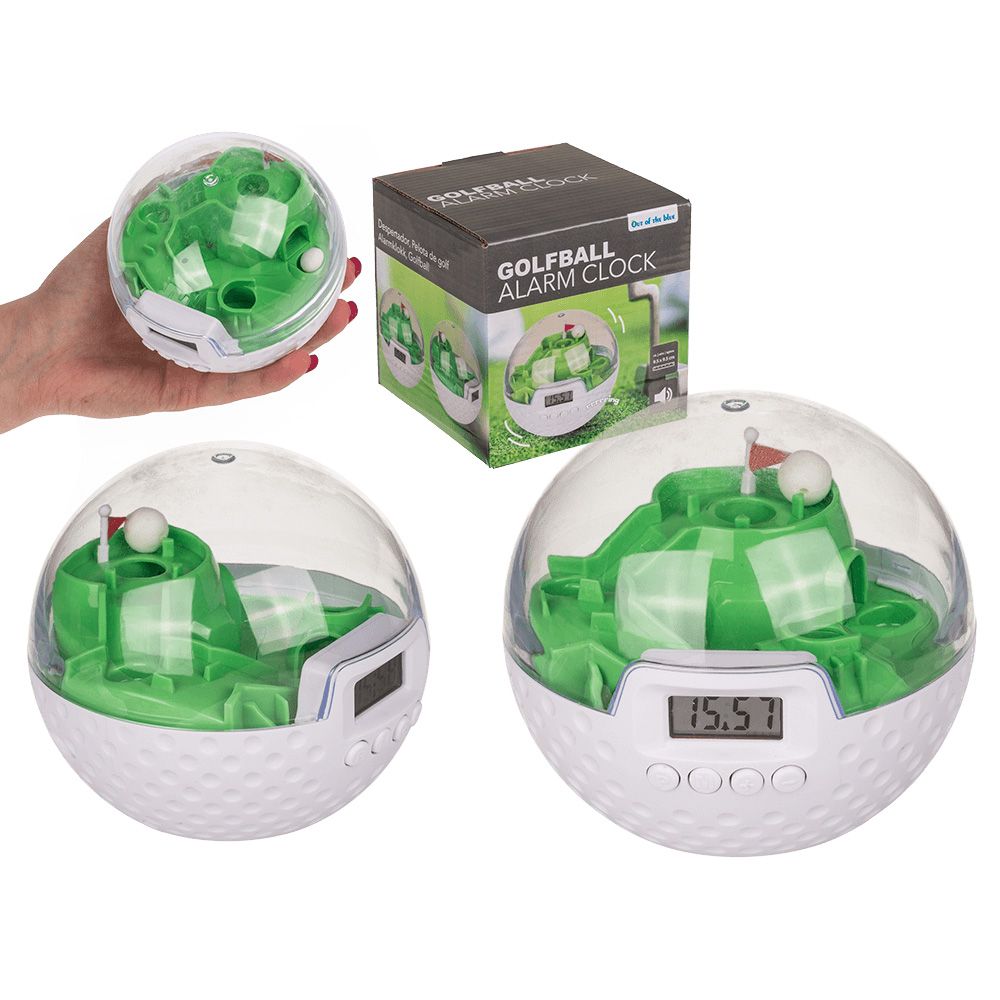 Wecker in Golfballform mit Golfplatz-Design. Digitalanzeige, Knöpfe. Verpackung mit Produktbild.