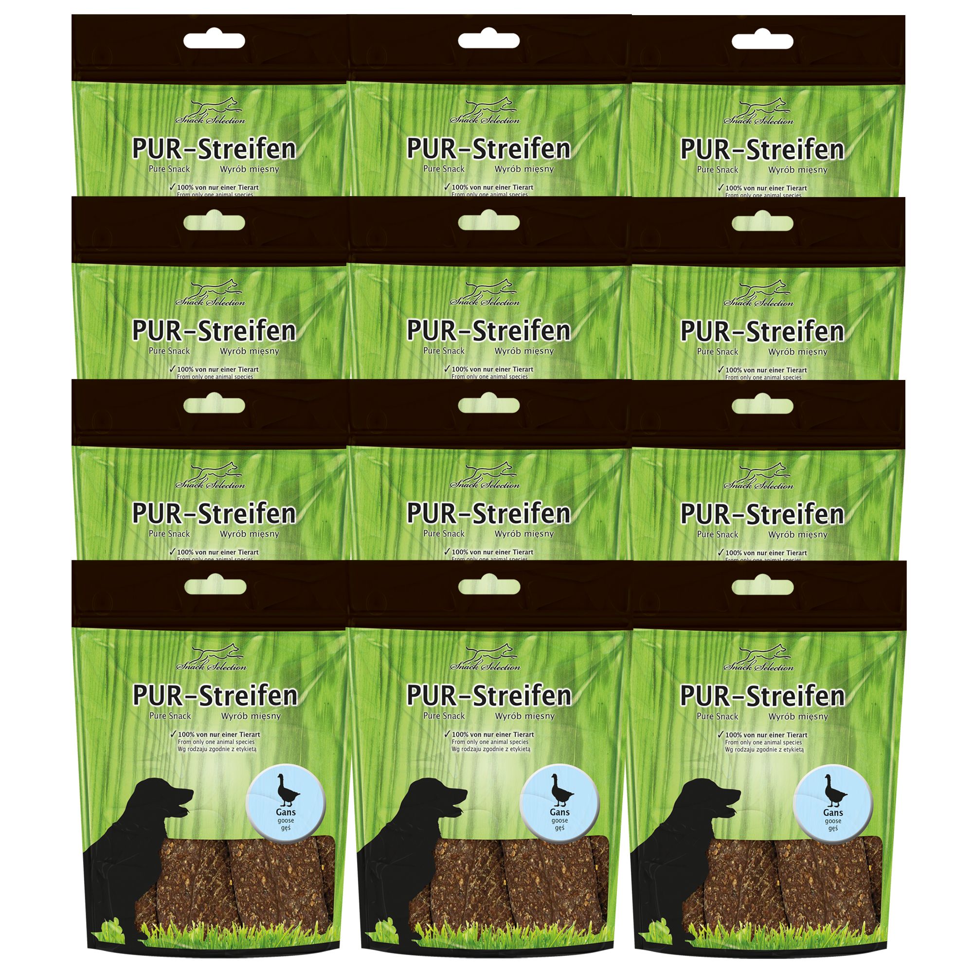 Mehrere Packungen Hundesnacks. Grün-transparente Verpackung mit Produktnamen und Logo. Silhouetten von Hund und Gans. Inhalt sichtbar.