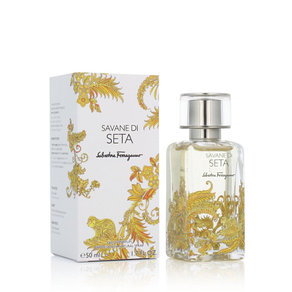 Salvatore Ferragamo Savane di Seta Eau de Parfum 50ml Flakon und Verpackung mit goldenen Verzierungen.
