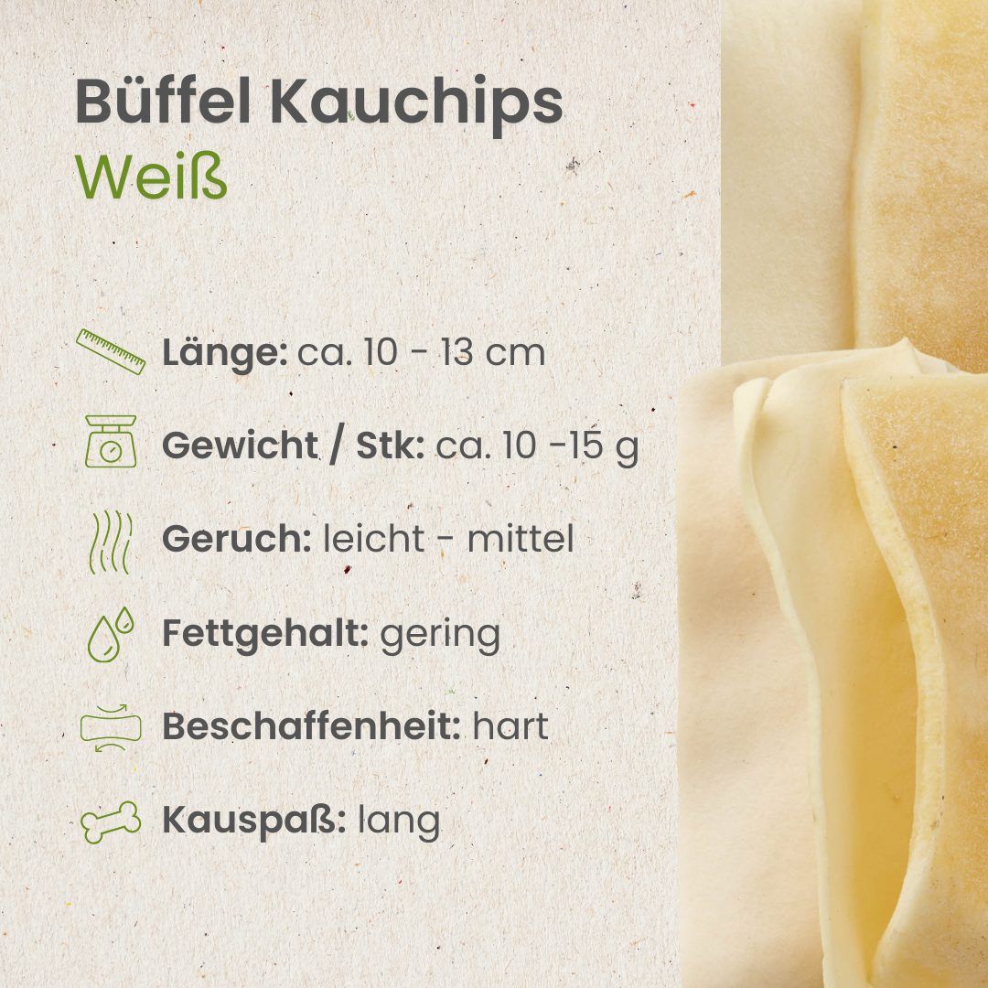 Büffel Kauchips weiß: 100% Haut vom Wasserbüffel, proteinreich, schonend getrocknet, geringer Fettanteil.