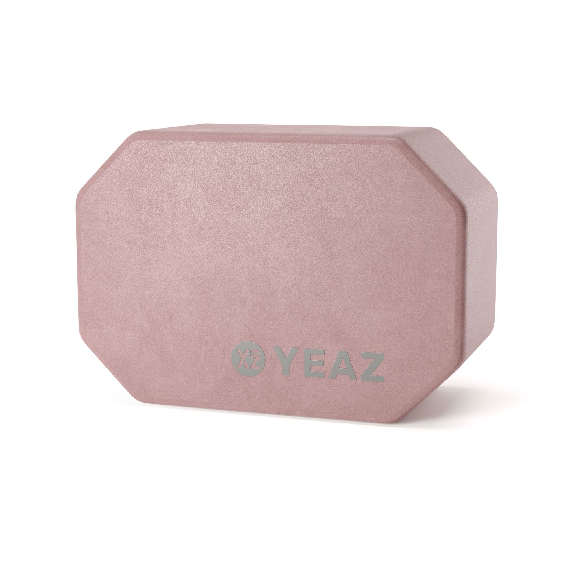 Rosa Yoga-Block mit achteckigen Seiten und YEAZ-Logo. Eckige Form, leicht abgerundete Kanten.